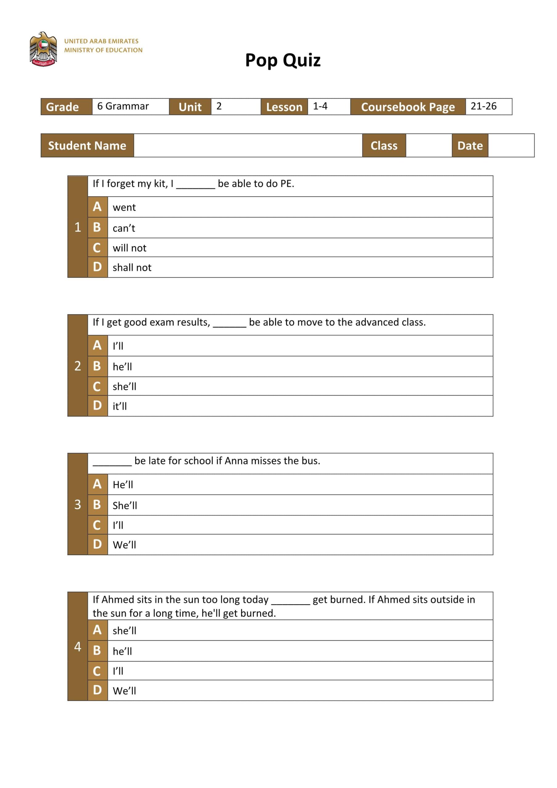 حل أوراق عمل Pop Quiz Unit 2 Lesson 1-4 اللغة الإنجليزية الصف السادس