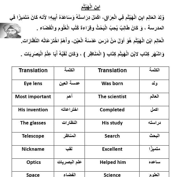 معاني كلمات درس ابن الهيثم لغير الناطقين بها اللغة العربية الصف الرابع