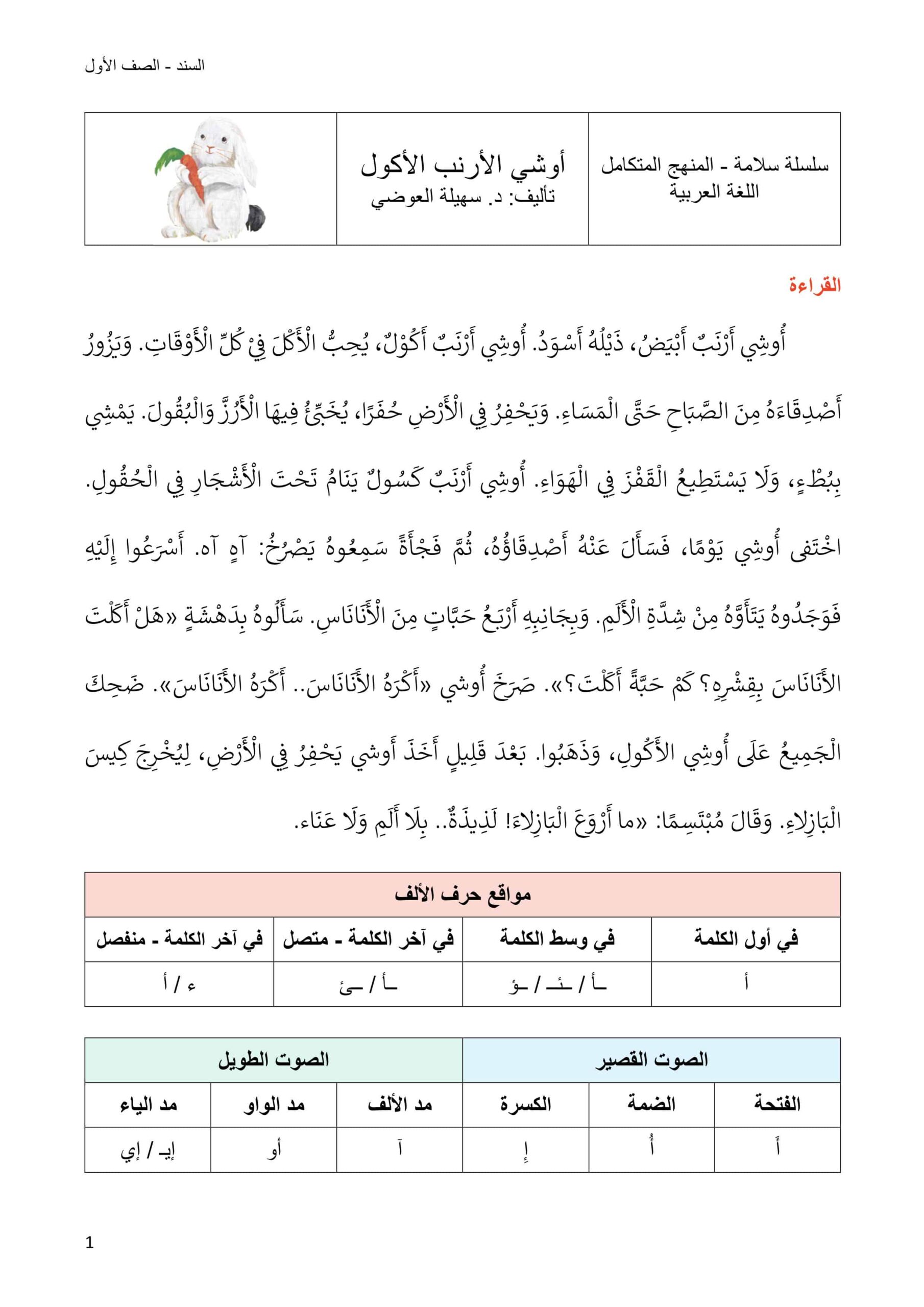 أوراق عمل أوشي الأرنب الأكول اللغة العربية الصف الأول