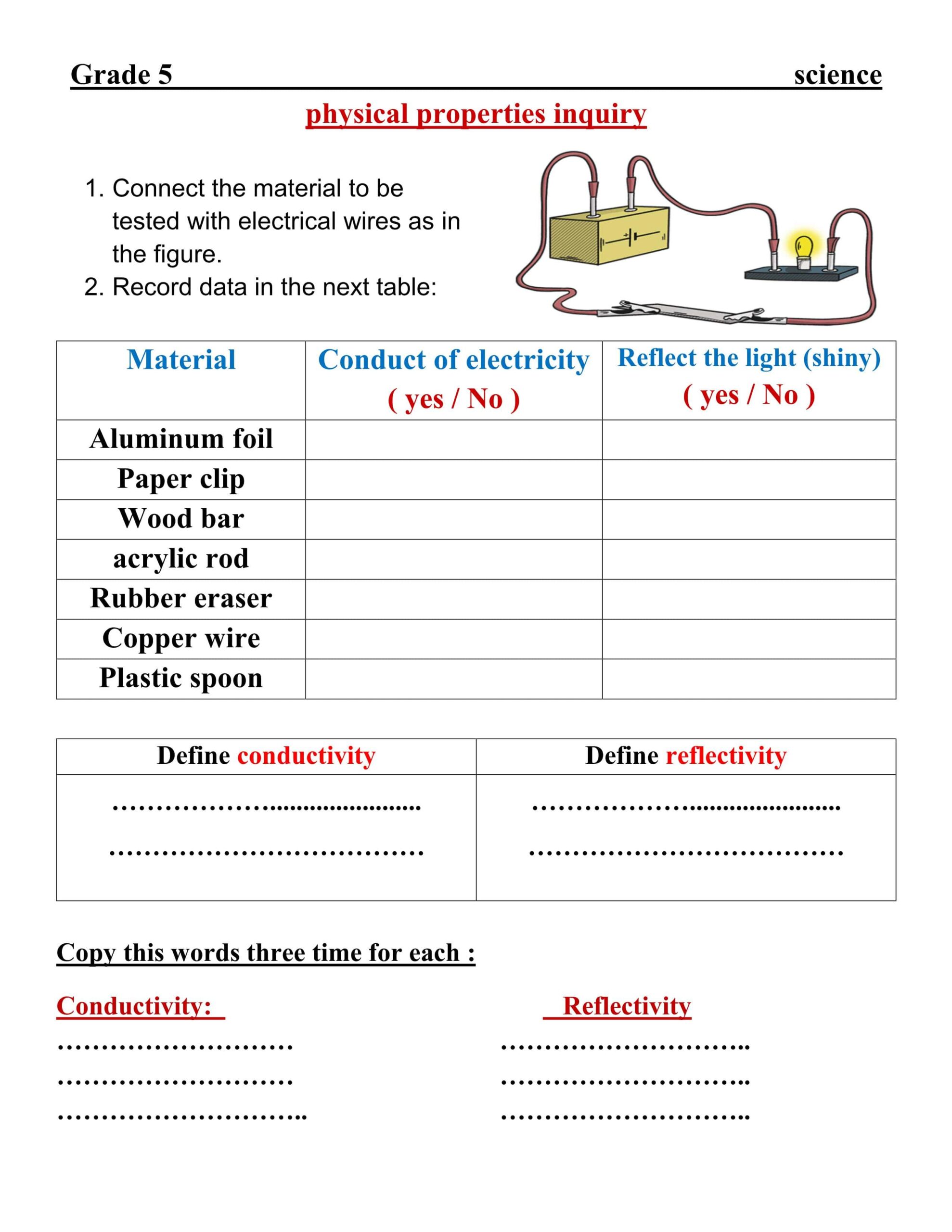 ورقة عمل physical properties inquiry العلوم المتكاملة الصف الخامس