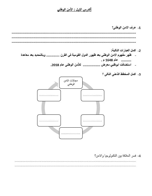 ورقة عمل الأمن الوطني الدراسات الإجتماعية والتربية الوطنية الصف الثامن 