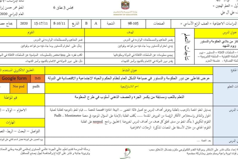 الخطة الدرسية اليومية ركائز من بلادي الحكومة والدستور ويوم الشهيد الدراسات الإجتماعية والتربية الوطنية الصف الرابع - بوربوينت