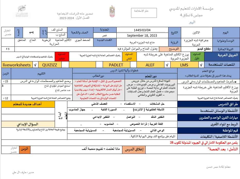 الخطة الدرسية اليومية مناخ شبه الجزيرة العربية الدراسات الإجتماعية والتربية الوطنية الصف السابع 
