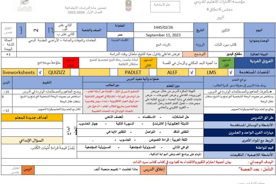 الخطة الدرسية اليومية ذكريات الحج الدراسات الإجتماعية والتربية الوطنية الصف الثاني عشر