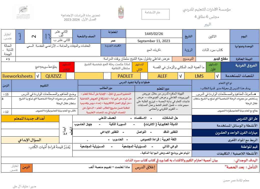 الخطة الدرسية اليومية ذكريات الحج الدراسات الإجتماعية والتربية الوطنية الصف الثاني عشر 