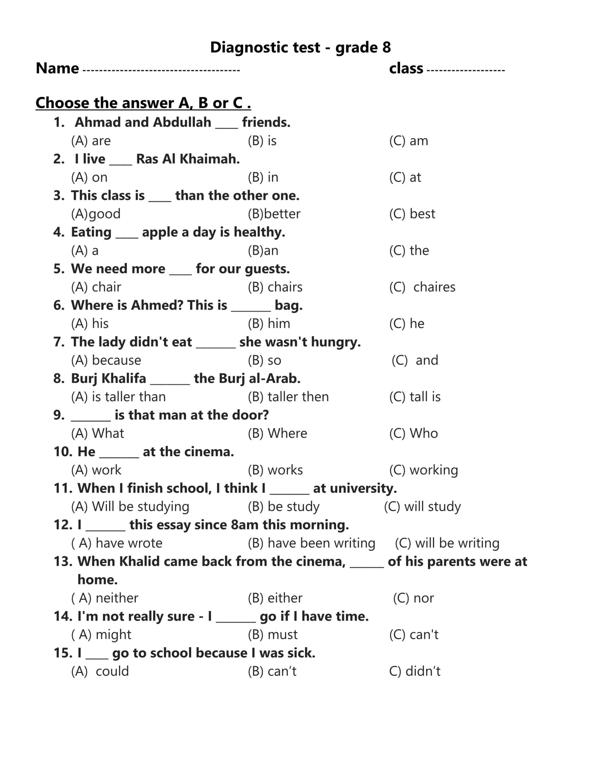 Diagnostic test اللغة الإنجليزية الصف الثامن 