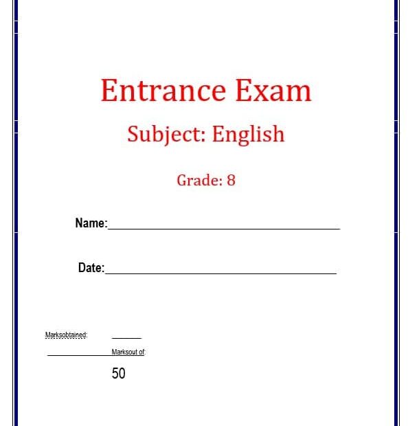 اختبار Entrance Exam اللغة الإنجليزية الصف الثامن