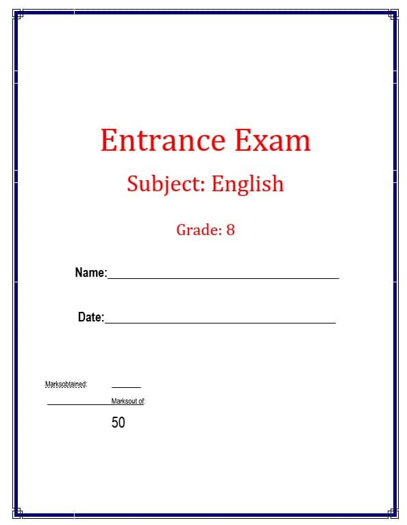 اختبار Entrance Exam اللغة الإنجليزية الصف الثامن 