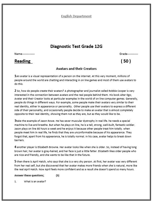 اختبار Diagnostic Test اللغة الإنجليزية الصف الثاني عشر الفصل الدراسي الأول 