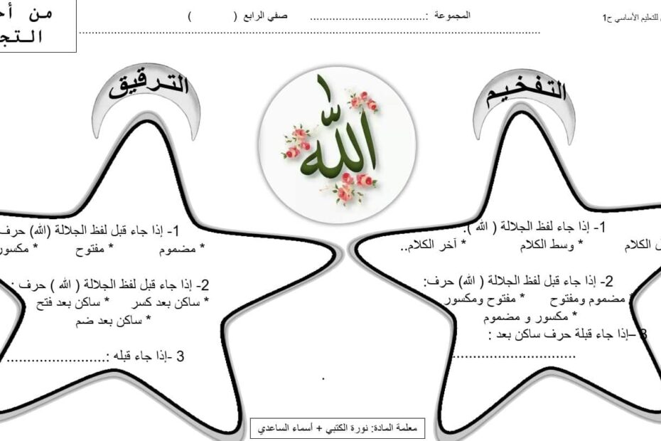 ورقة عمل أحكام التجويد التربية الإسلامية الصف الرابع - بوربوينت