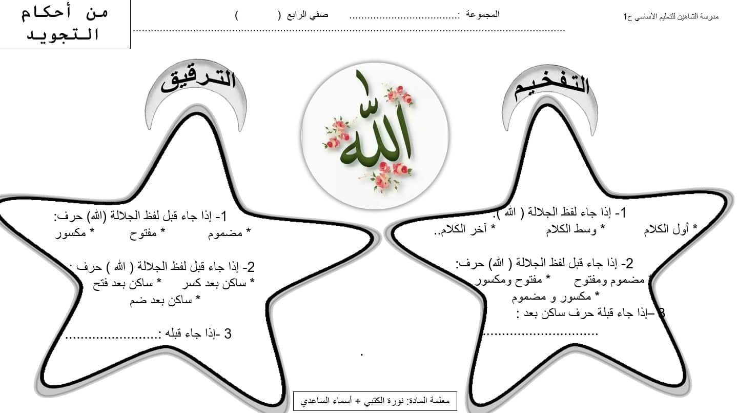 ورقة عمل أحكام التجويد التربية الإسلامية الصف الرابع - بوربوينت 