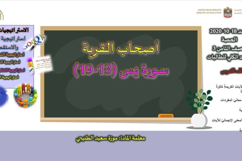 حل درس أصحاب القرية سورة يس 13-19 التربية الإسلامية الصف الثامن - بوربوينت