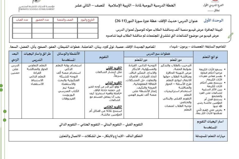 الخطة الدرسية اليومية حديث الإفك- عظة عبرة سورة النور -11-26- التربية الإسلامية الصف الثاني عشر