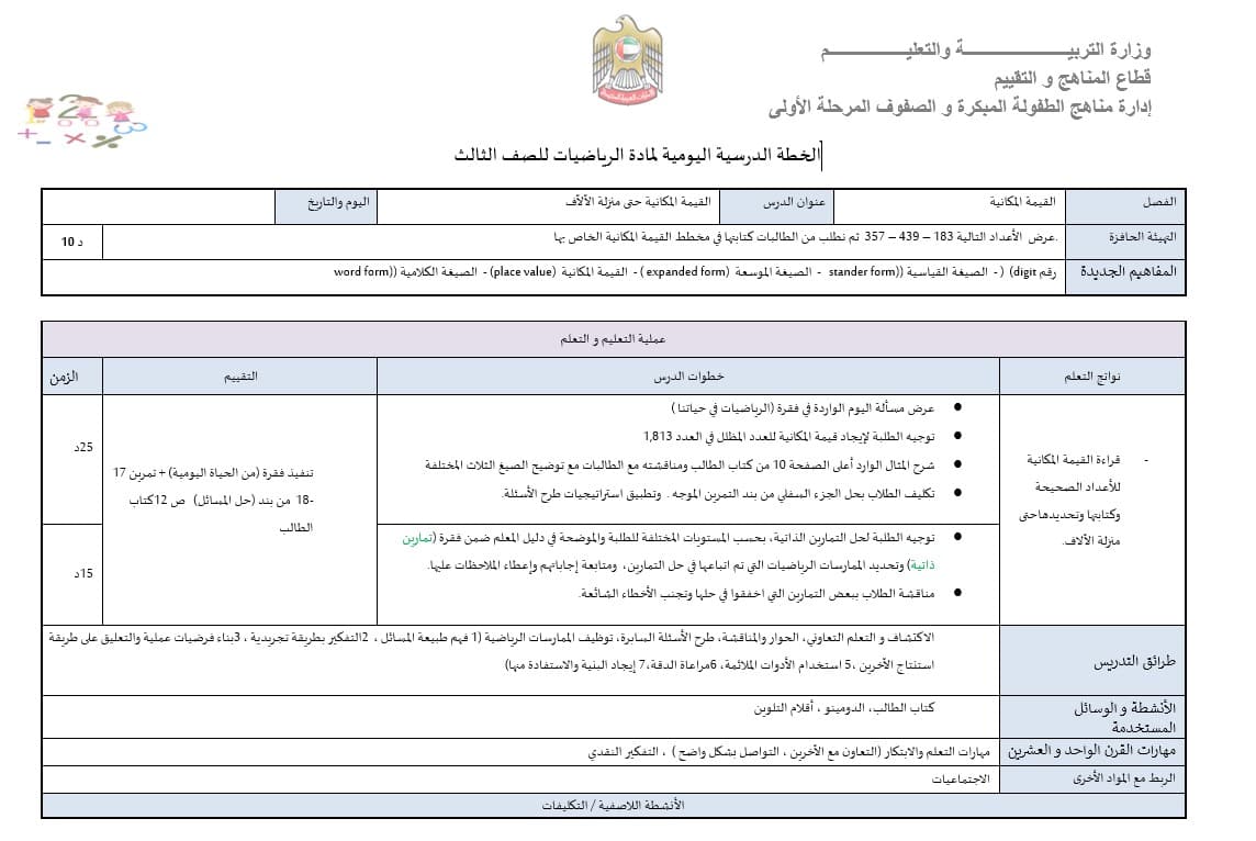 الخطة الدرسية اليومية الفصل الدراسي الأول الرياضيات المتكاملة الصف الثالث