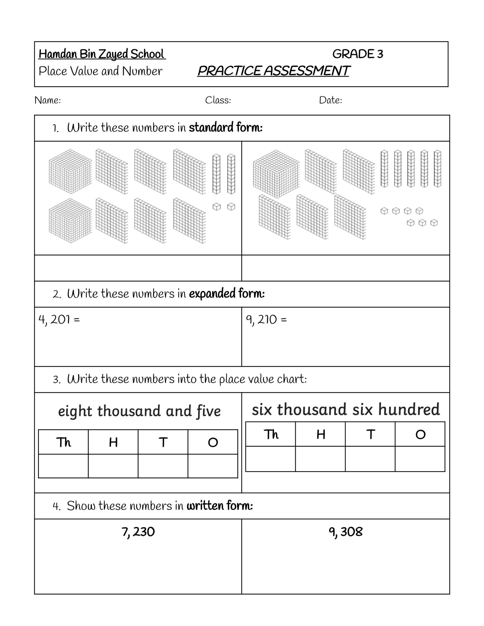 ورقة عمل Place Value and Number الرياضيات المتكاملة الصف الثالث 