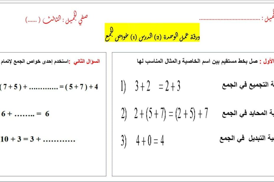 أوراق عمل الوحدة الثانية الجمع الرياضيات المتكاملة الصف الثالث - بوربوينت