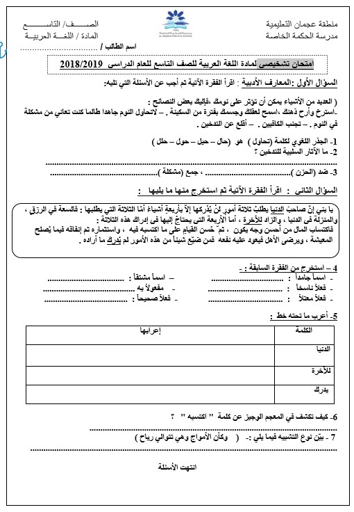 امتحان تشخيصي اللغة العربية الصف التاسع