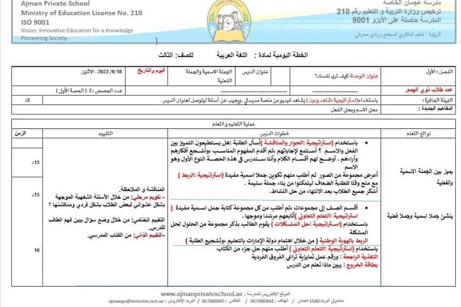 الخطة الدرسية اليومية الجملة الاسمية والجملة الفعلية اللغة العربية الصف الثالث