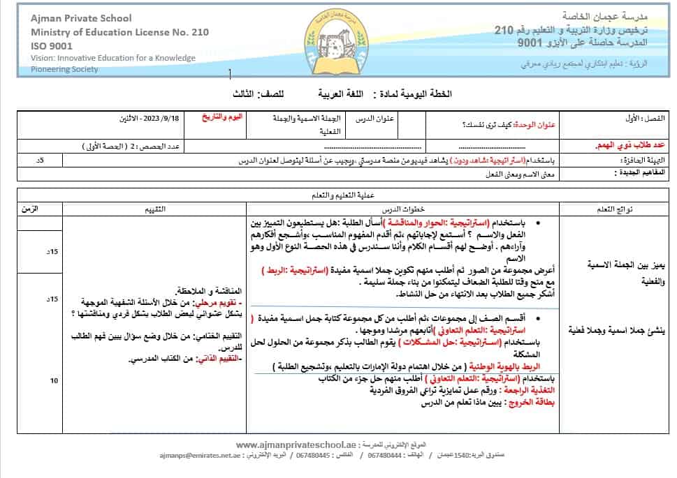 الخطة الدرسية اليومية الجملة الاسمية والجملة الفعلية اللغة العربية الصف الثالث 