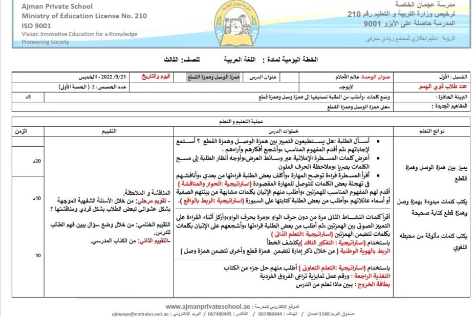 الخطة الدرسية اليومية همزة الوصل وهمزة القطع اللغة العربية الصف الثالث