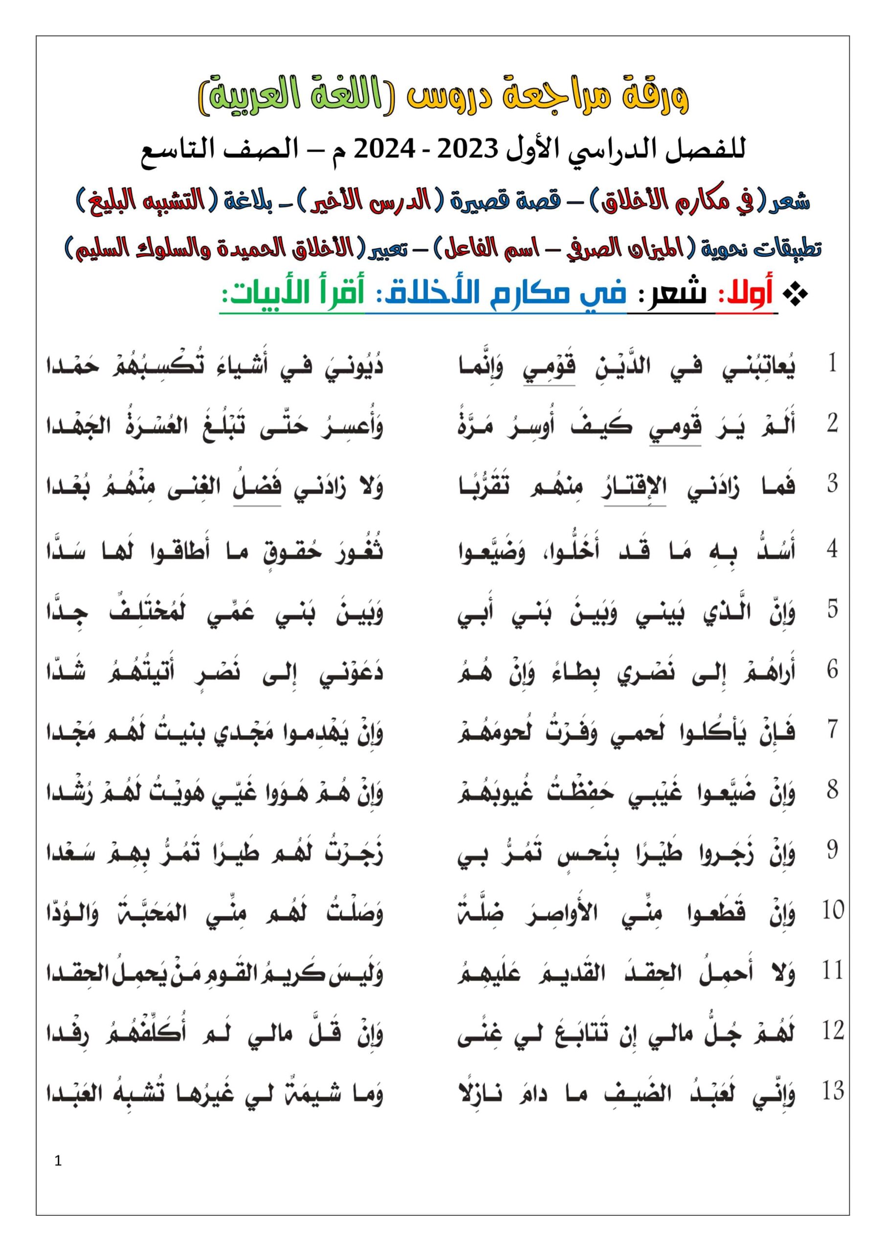 أوراق عمل مراجعة اللغة العربية الصف التاسع 