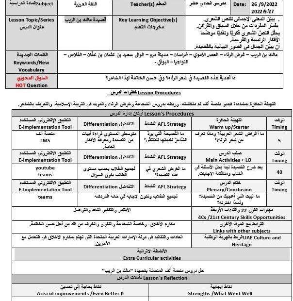 الخطة الدرسية اليومية قصيدة مالك بن الريب اللغة العربية الصف الحادي عشر