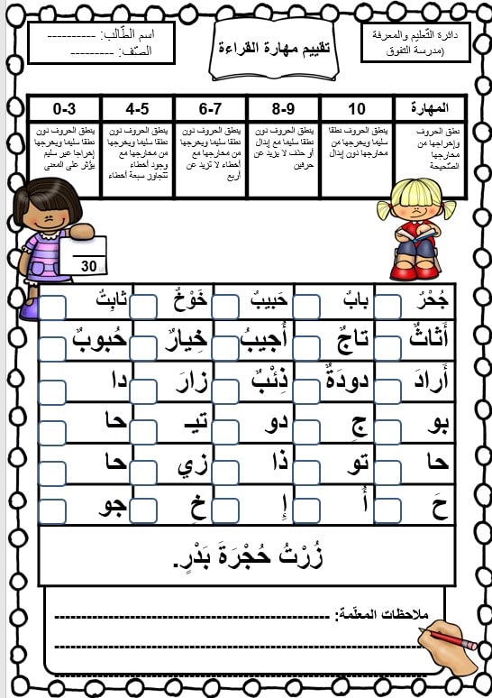 تقييم قرائي وإملاء اللغة العربية الصف الثاني - بوربوينت 