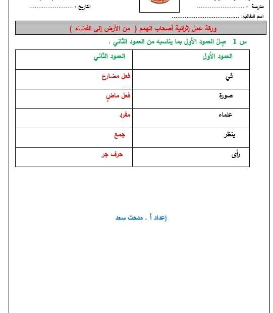 ورقة عمل إثرائية أصحاب الهمم من الأرض إلى الفضاء اللغة العربية الصف الخامس