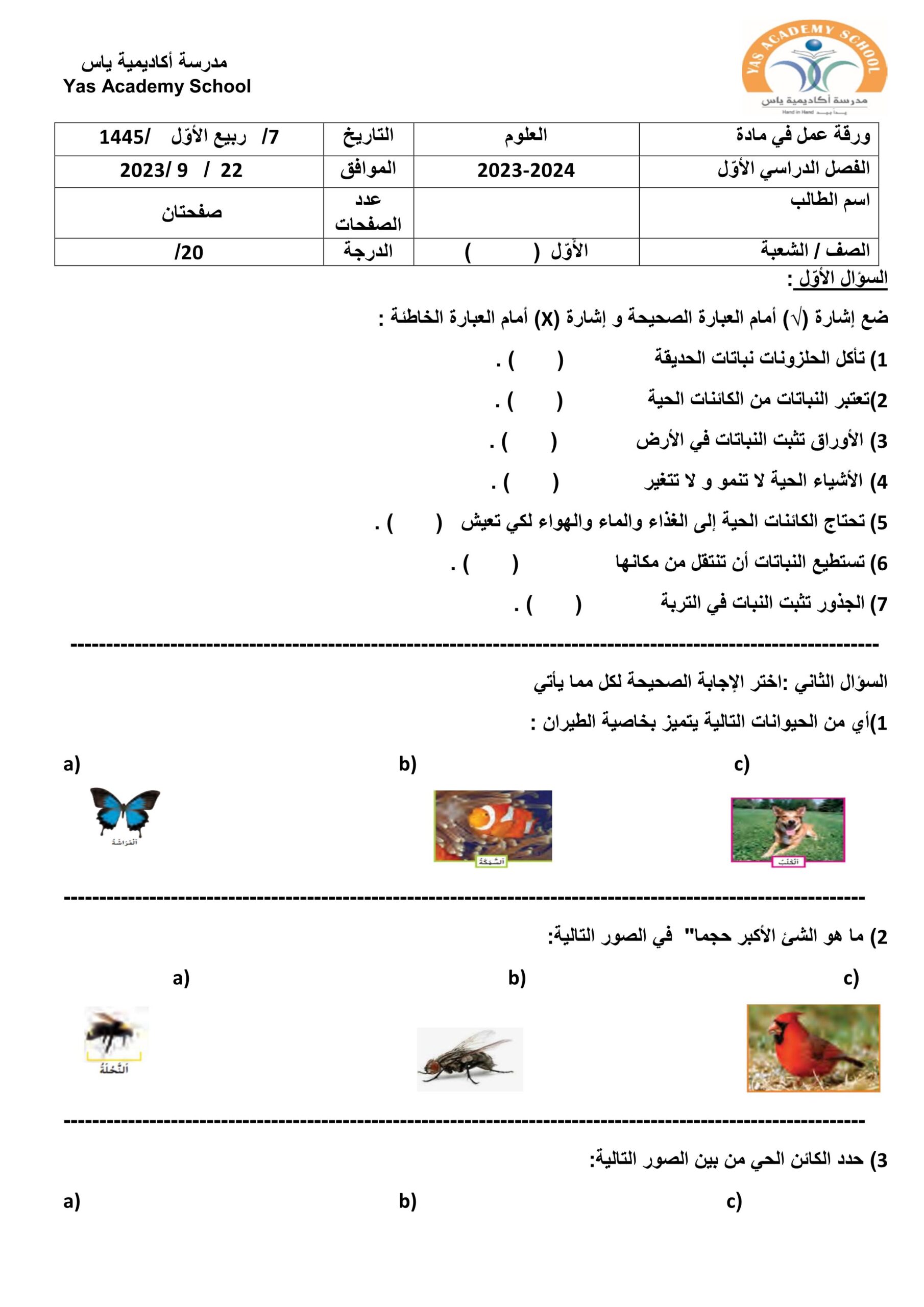 ورقة عمل تدريب اللغة العربية الصف الأول
