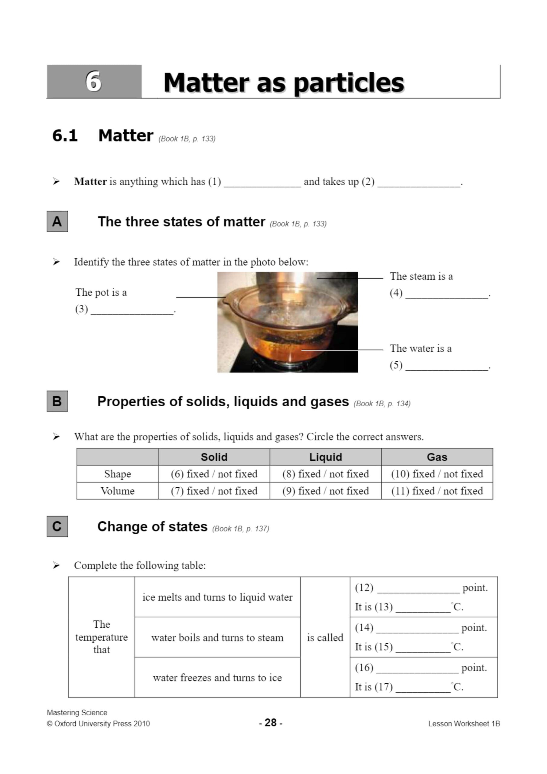 حل أوراق عمل Matter as Particles العلوم المتكاملة الصف السادس