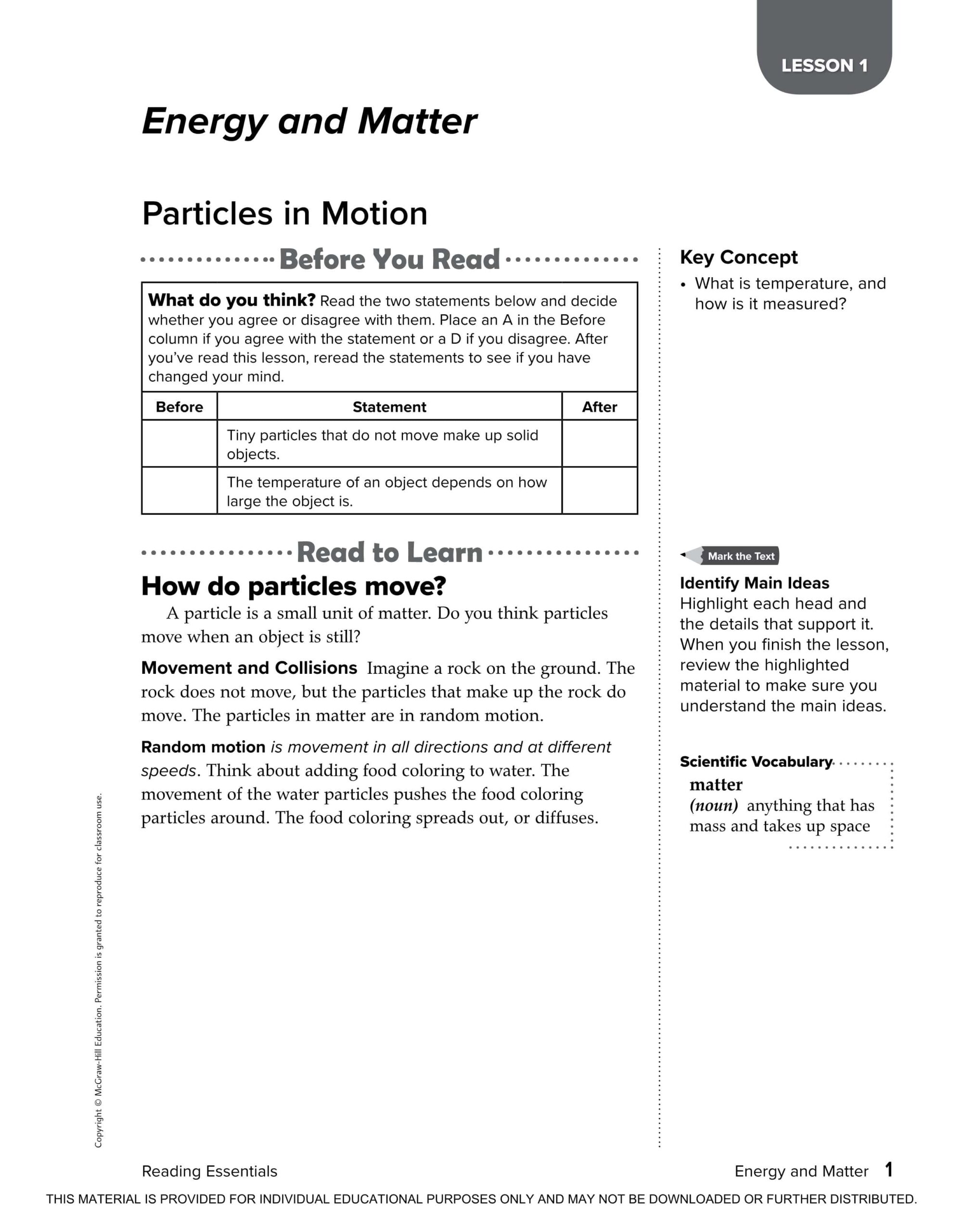 ملخص درس Particles in Motion العلوم المتكاملة الصف السادس