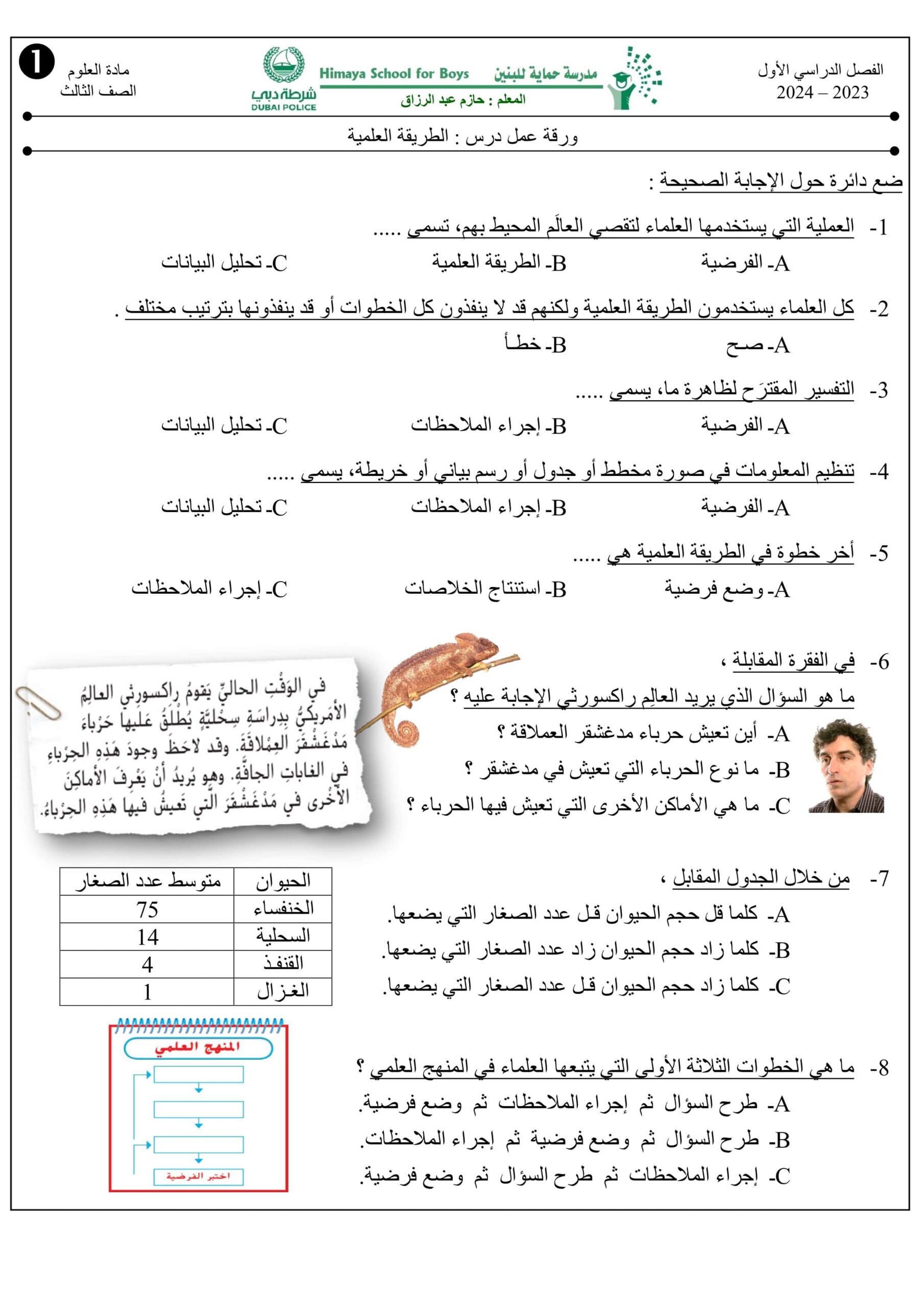 ورقة عمل الطريقة العلمية العلوم المتكاملة الصف الثالث