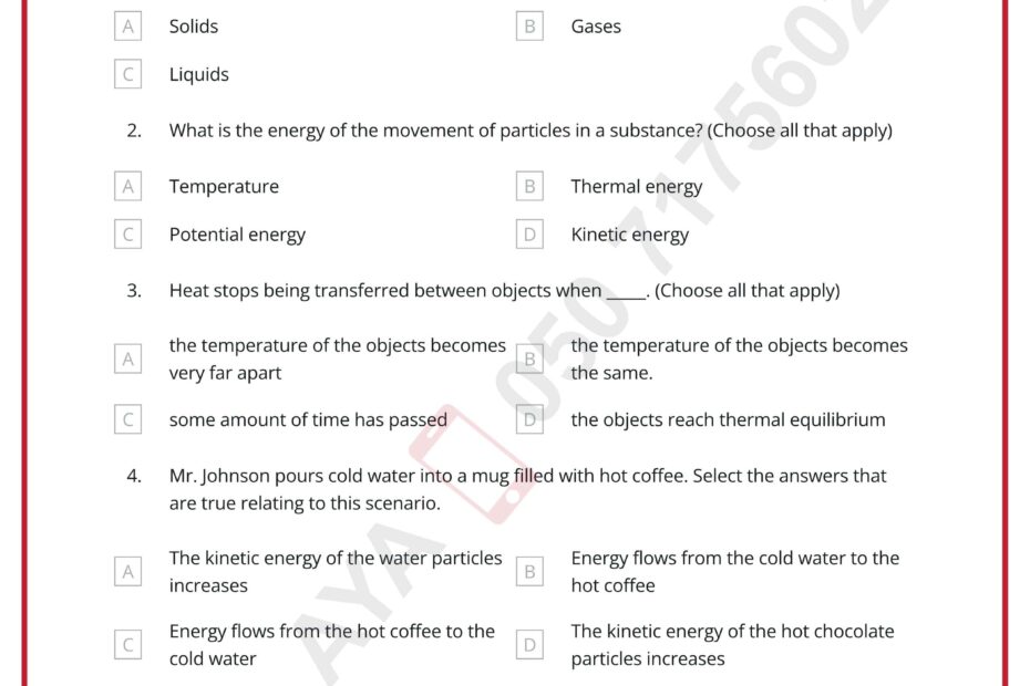 ورقة عمل thermal energy transferal العلوم المتكاملة الصف السادس