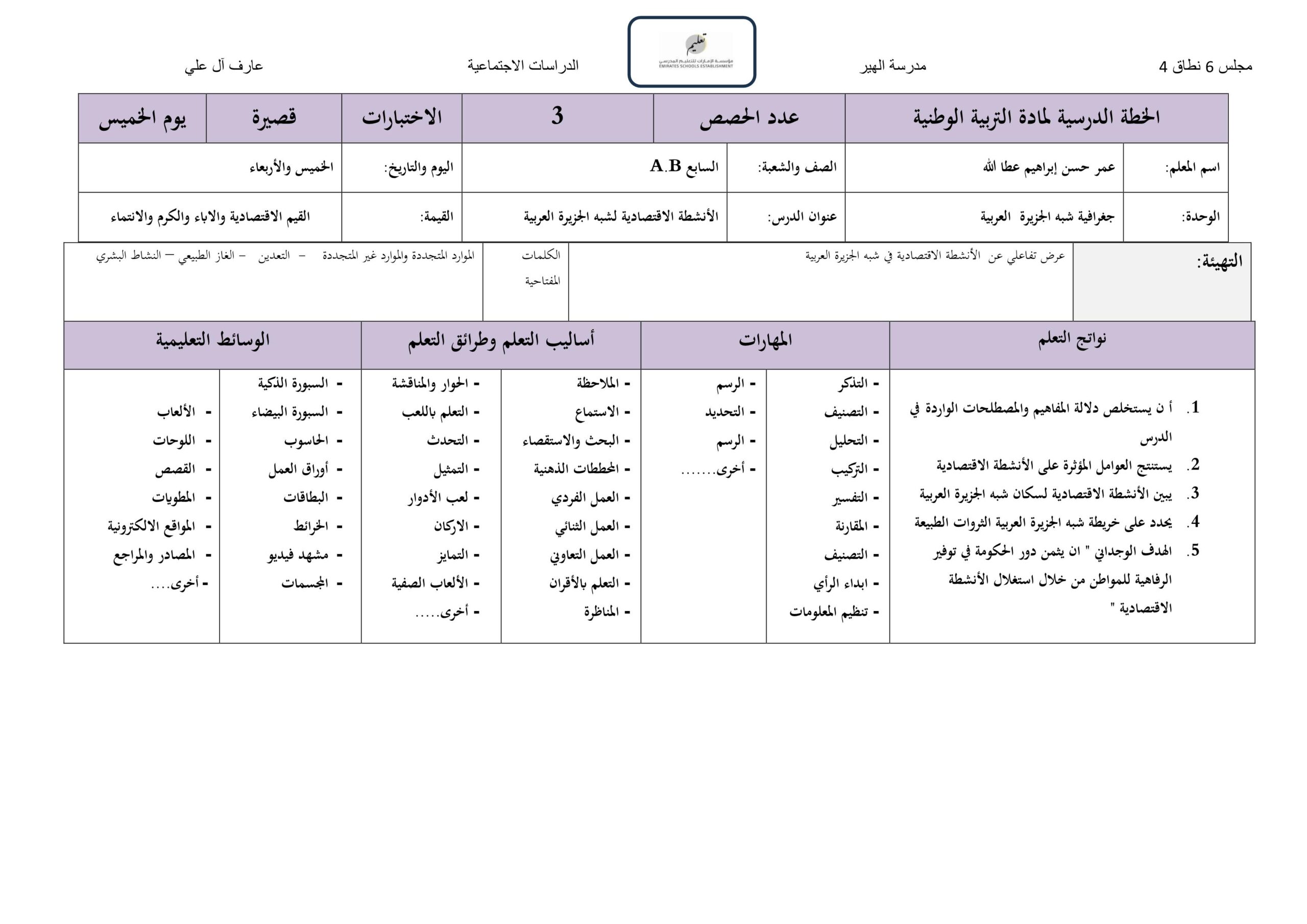 الخطة الدرسية اليومية الأنشطة الإقتصادية لشبه الجزيرة العربية الدراسات الإجتماعية والتربية الوطنية الصف السابع