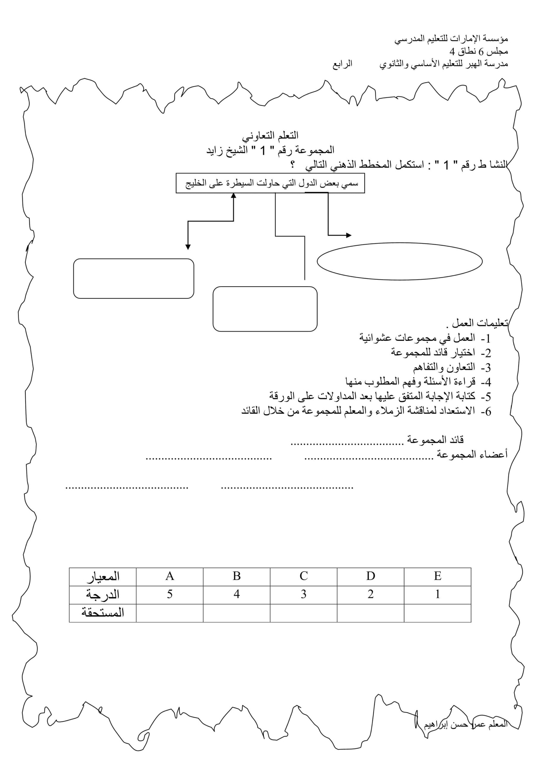 أوراق عمل التعلم التعاوني الدراسات الإجتماعية والتربية الوطنية الصف الرابع