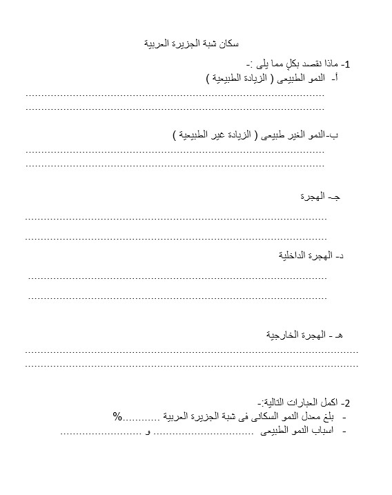 ورقة عمل سكان شبه الجزيرة العربية الدراسات الإجتماعية والتربية الوطنية الصف السابع