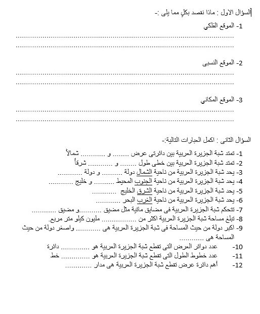 ورقة عمل شبه الجزيرة العربية الدراسات الإجتماعية والتربية الوطنية الصف السابع