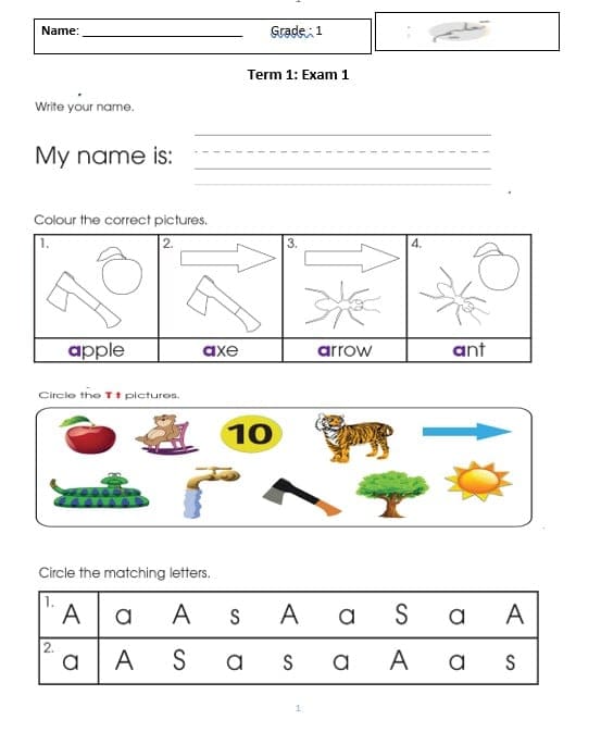 اختبار التقويم الأول اللغة الإنجليزية الصف الأول 