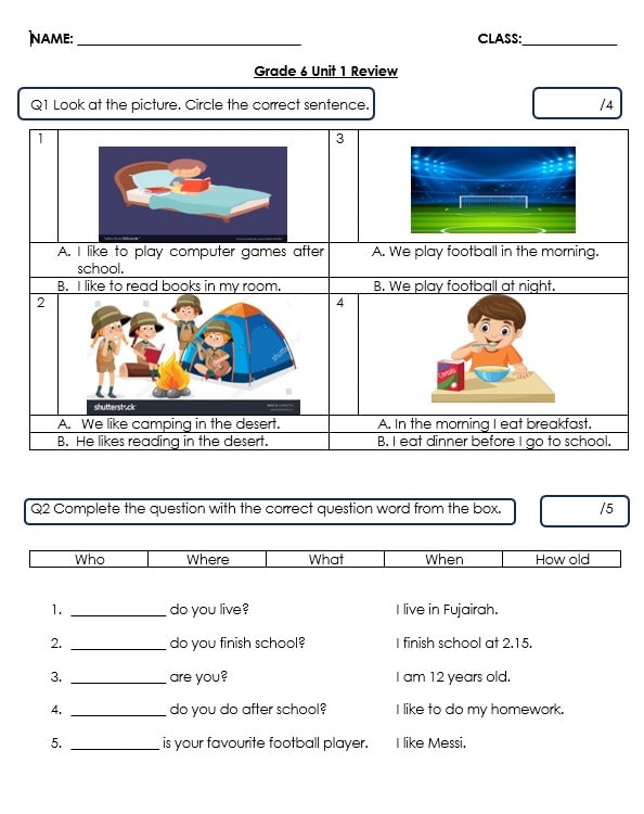 ورقة عمل Unit 1 Review اللغة الإنجليزية الصف السادس 