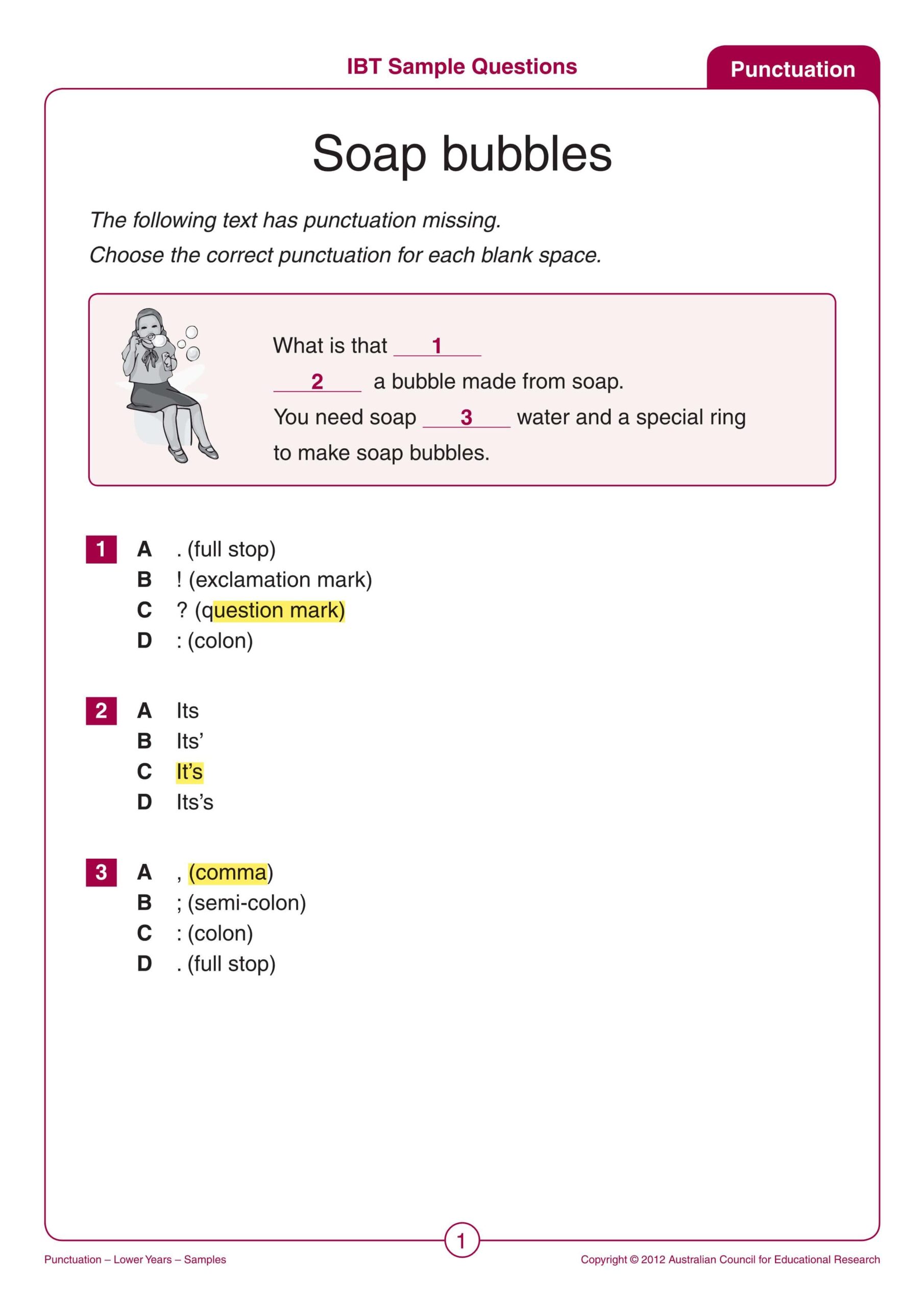 حل ورقة عمل IBT Sample Questions Punctuation اللغة الإنجليزية الصف الثالث