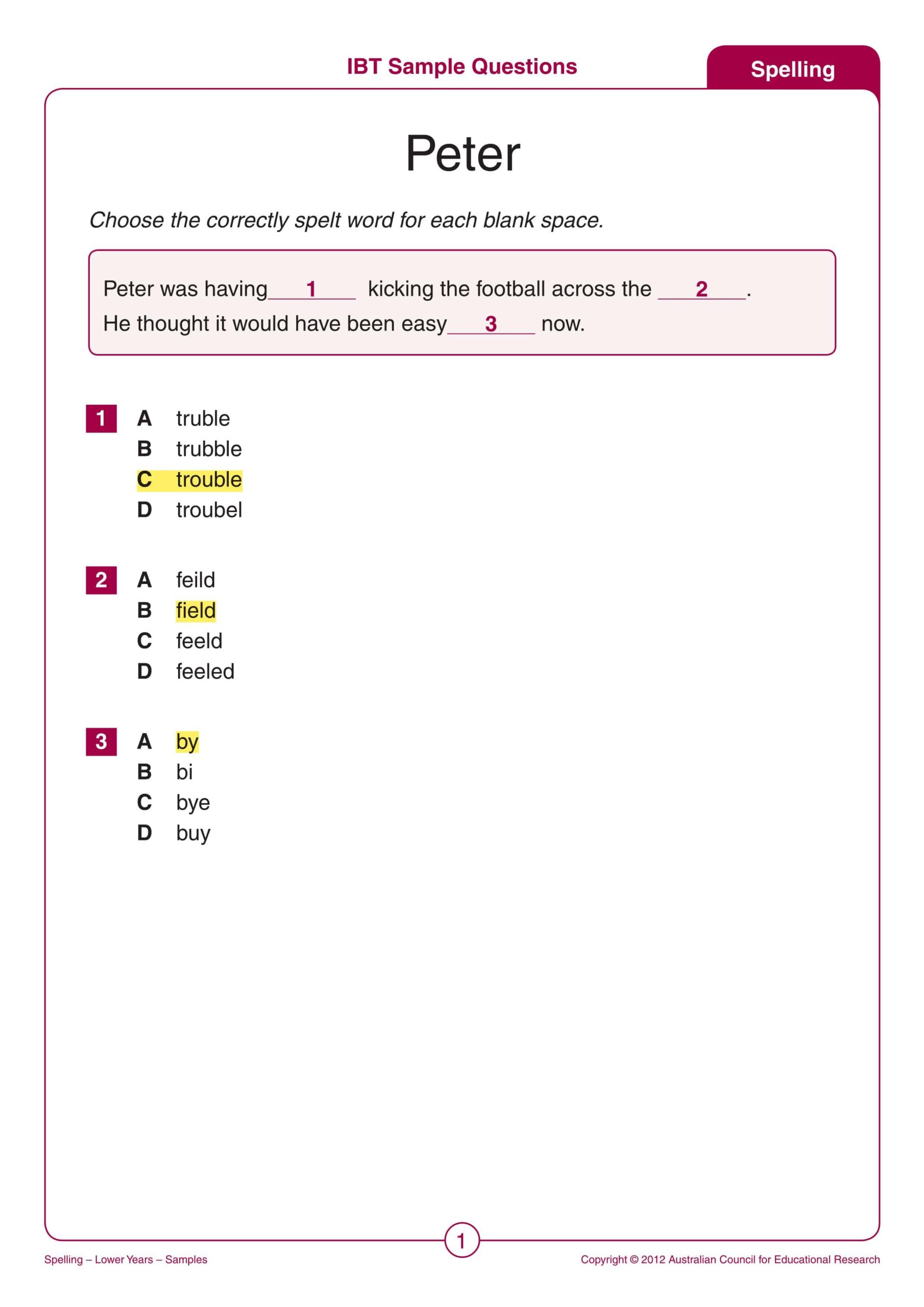 حل ورقة عمل IBT Sample Questions Spelling اللغة الإنجليزية الصف الثالث