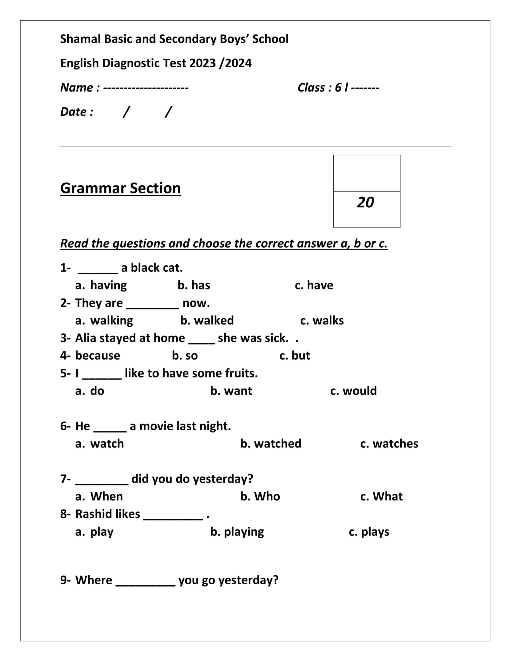 اختبار Diagnostic Test اللغة الإنجليزية الصف السادس الفصل الدراسي الأول 2023-2024