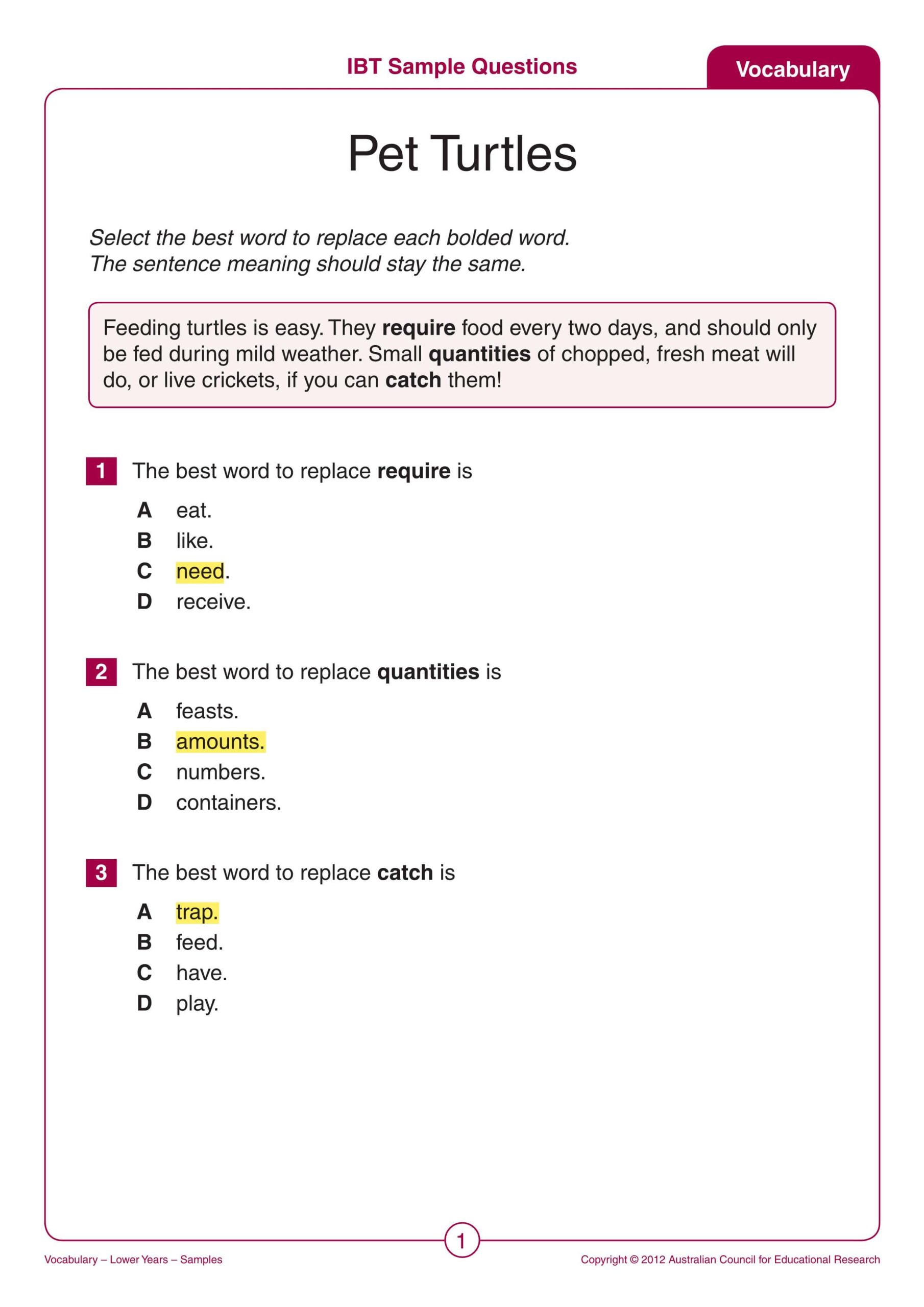 حل ورقة عمل IBT Sample Questions Vocabulary اللغة الإنجليزية الصف الثالث