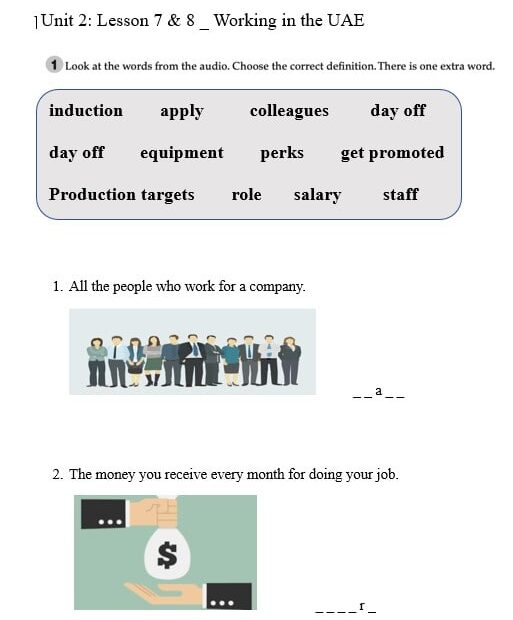 ورقة عمل Lesson 7 & 8 Working in the UAE اللغة الإنجليزية الصف الحادي عشر