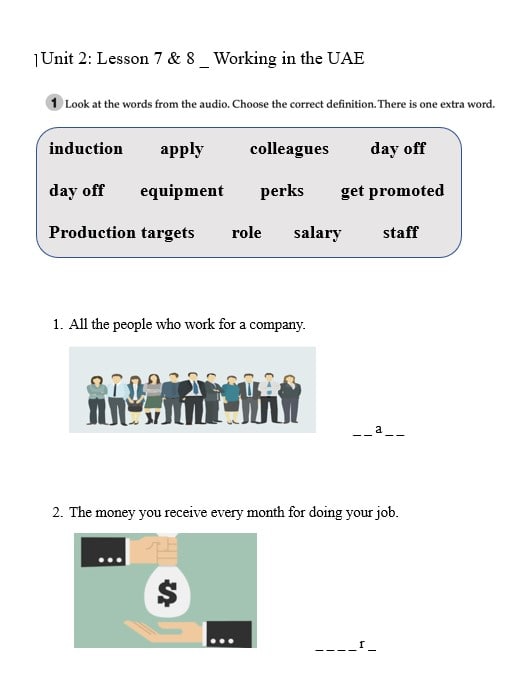 ورقة عمل Lesson 7 & 8 Working in the UAE اللغة الإنجليزية الصف الحادي عشر