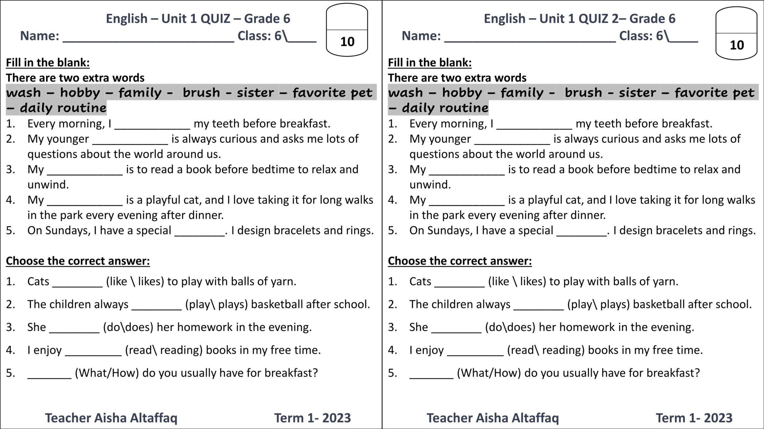اختبار Unit 1 Quiz 2 اللغة الإنجليزية الصف السادس