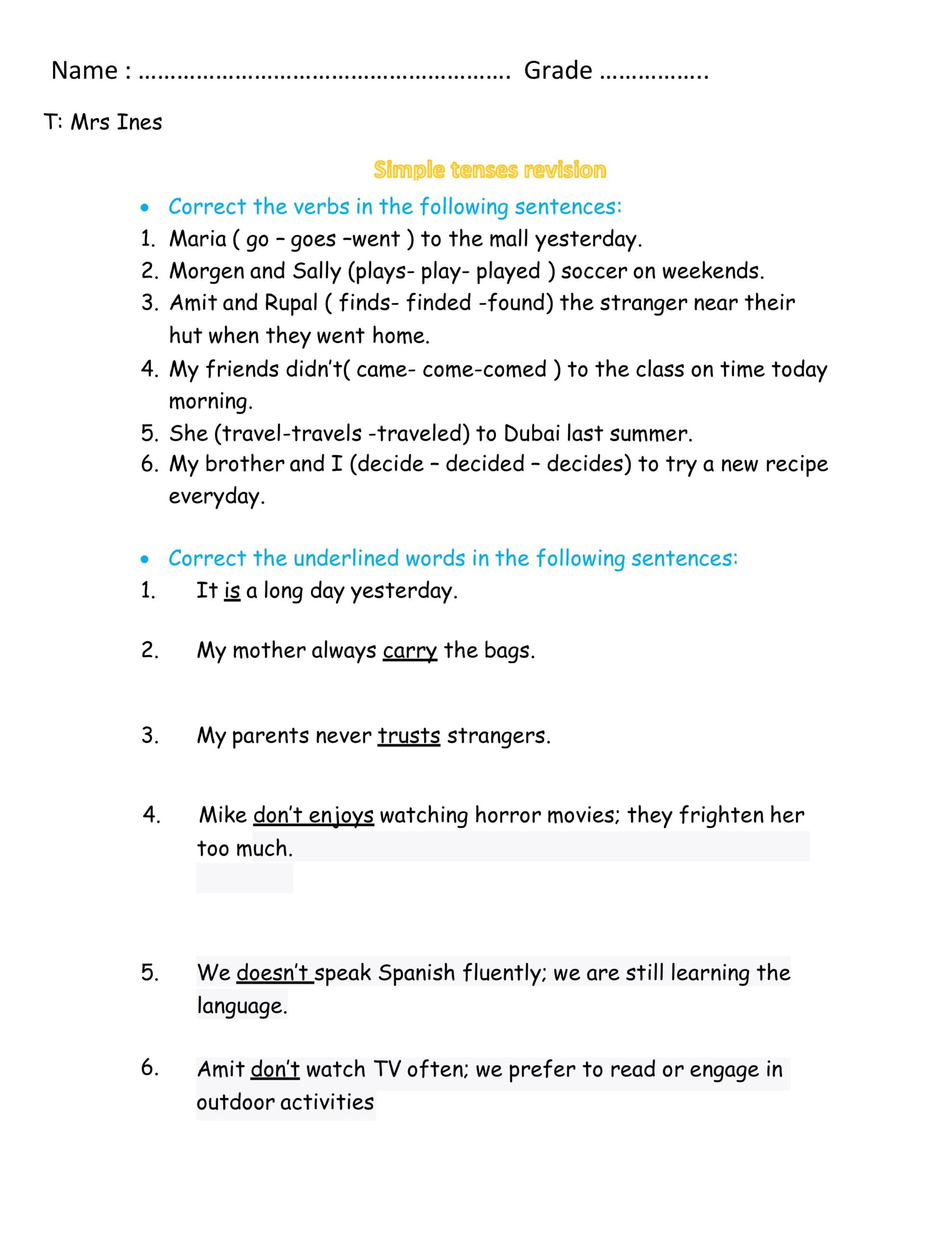 ورقة عمل Simple tenses اللغة الإنجليزية الصف السابع