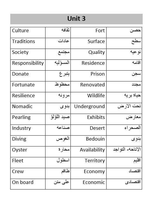 معاني كلمات Unit 3 اللغة الإنجليزية الصف الثامن 