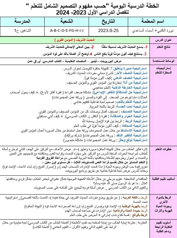 الخطة الدرسية اليومية المؤمن القوي التربية الإسلامية الصف الرابع - بوربوينت 