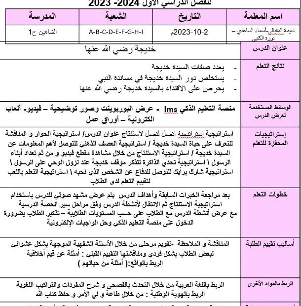 الخطة الدرسية اليومية خديجة بنت خويلد التربية الإسلامية الصف الثالث - بوربوينت